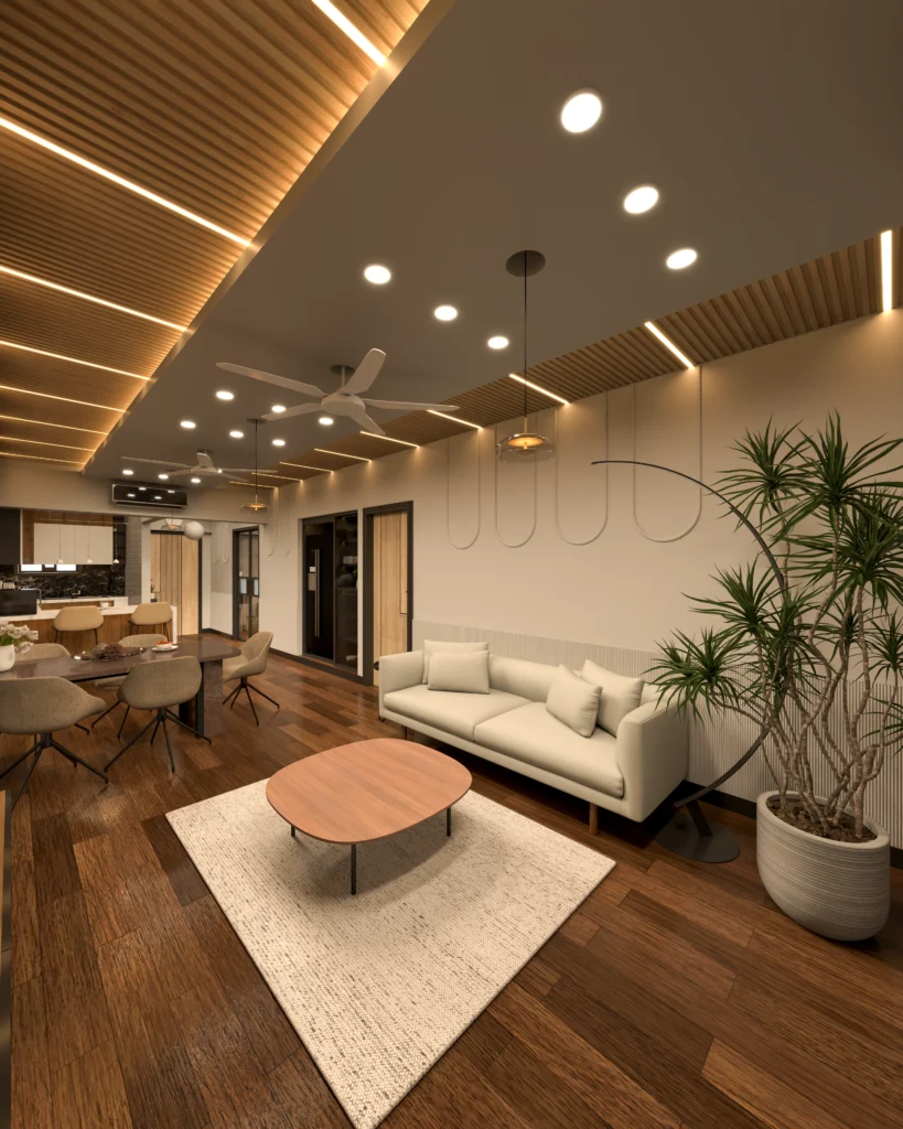 Contemporary Living Room Lounge Design with Fluted Timber Panelling and Stone Feature Wall