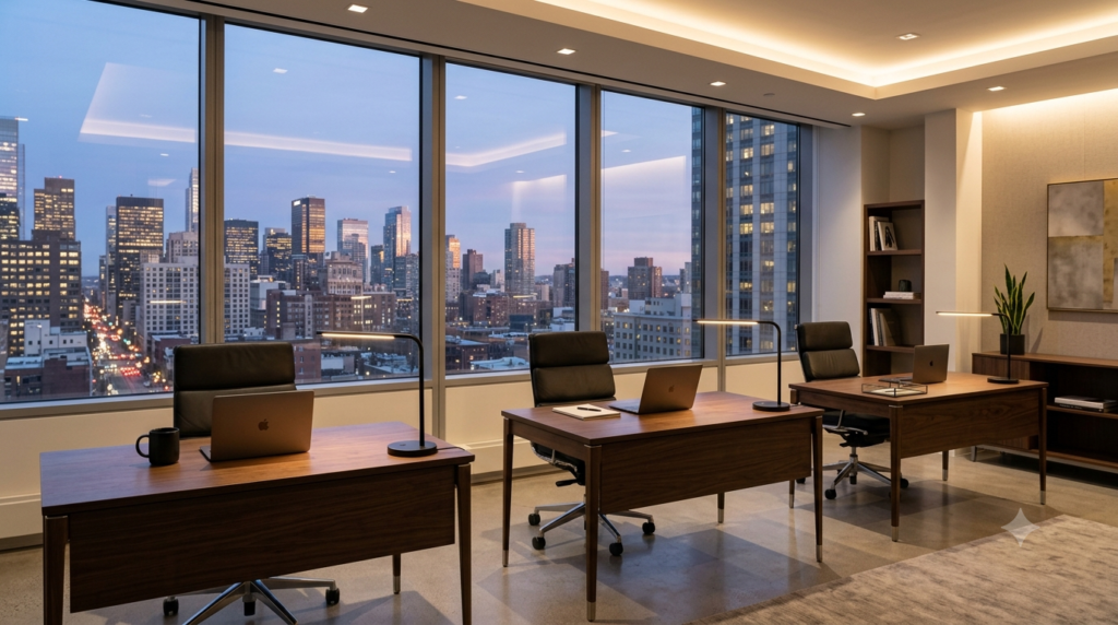 Modern executive office at dusk with sleek black desk lamps and city skyline view
