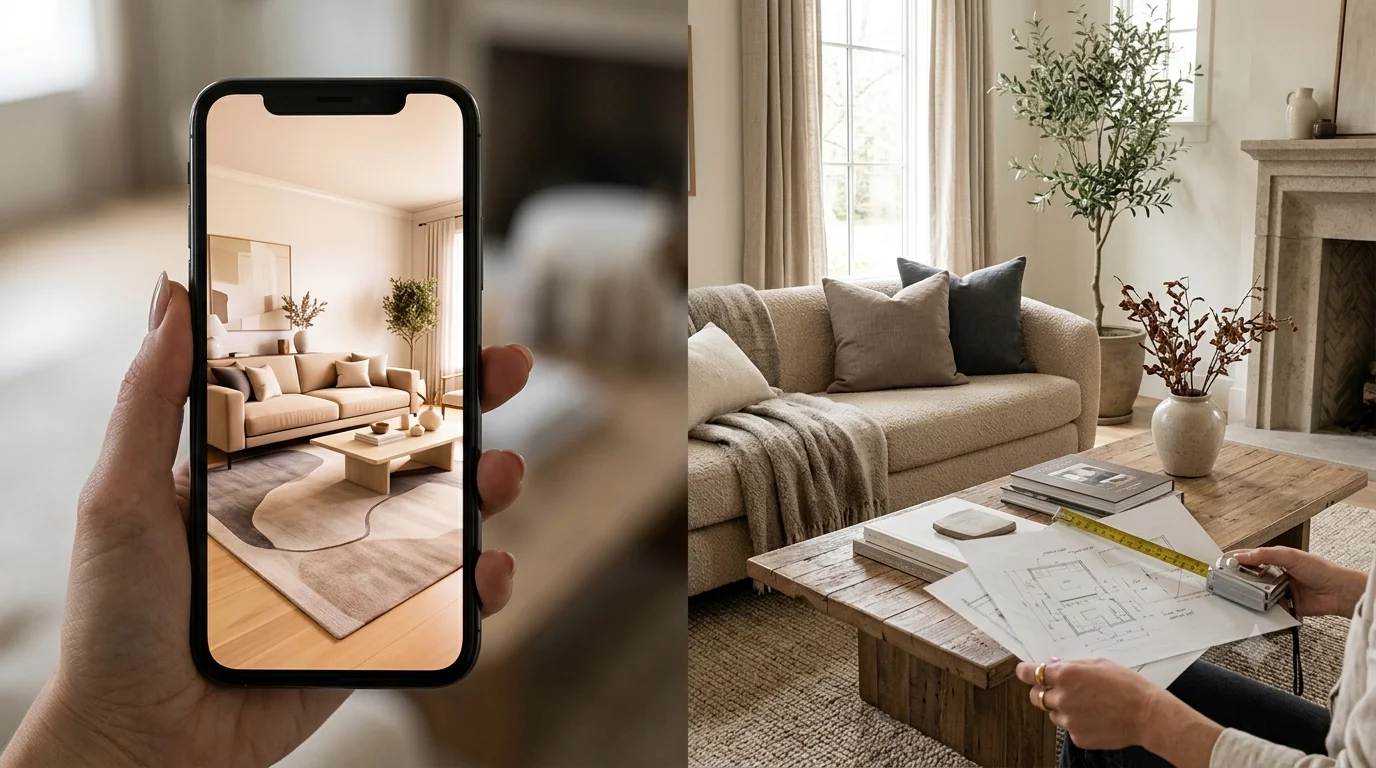AI vs interior designer comparison showing an AI-generated room render beside a real professionally designed living room by The Shape Interiors