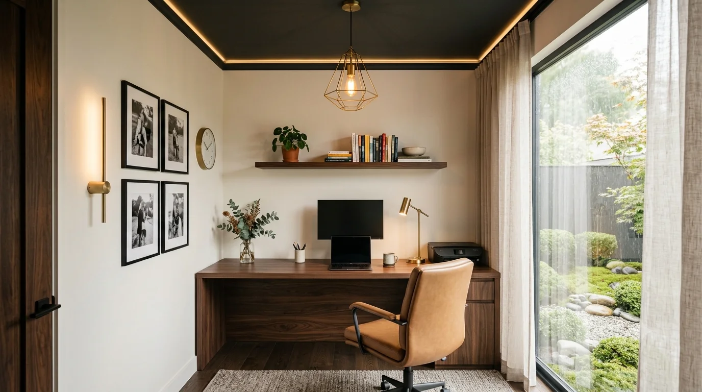 Home office with walnut desk, black accent ceiling, and brass pendant light beside a garden-view window